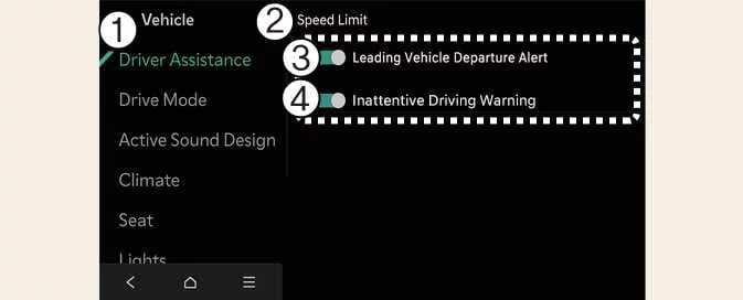 Kia EV6 Driver Attention Warning and Leading Vehicle Departure Alert settings menu