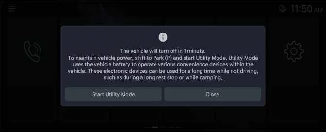 Kia EV6 utility mode activation message and EV power settings