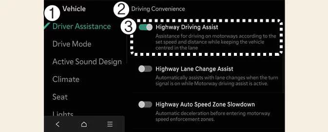 Kia EV6 Highway Driving Assist settings menu in the infotainment system