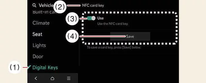 Kia EV6 NFC card key registration menu in infotainment system