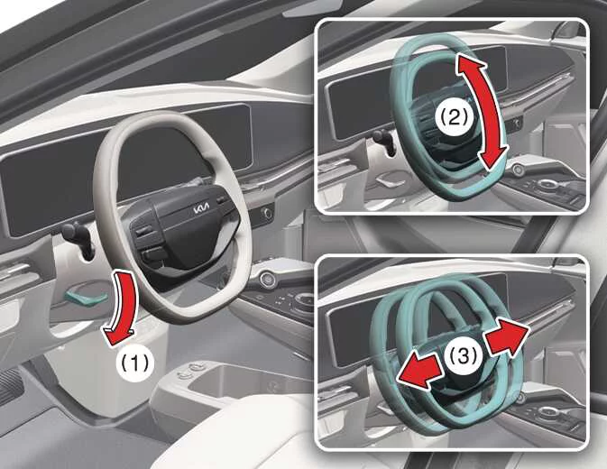 Kia EV6 manual steering wheel adjustment lever and tilt telescopic controls
