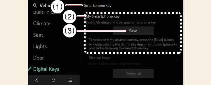 Kia EV6 Digital Key 2 smartphone registration menu displayed on the infotainment system