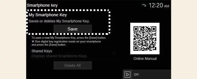 Kia EV6 infotainment menu for manual Digital Key 2 smartphone registration
