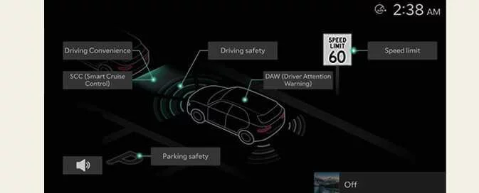 Kia EV6 driver assistance settings menu and infotainment safety configuration screen