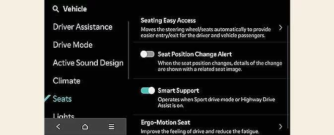Kia EV6 infotainment system seat settings and vehicle convenience menu screen