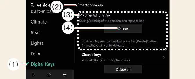 Kia EV6 smartphone digital key owner deletion menu on infotainment screen