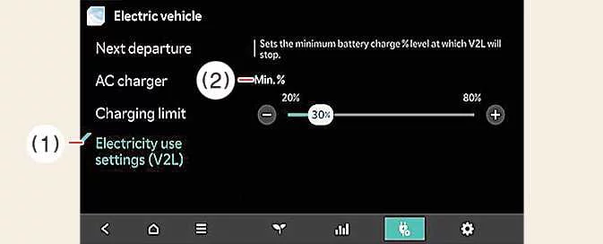 Kia EV6 V2L electricity use settings and battery limit menu