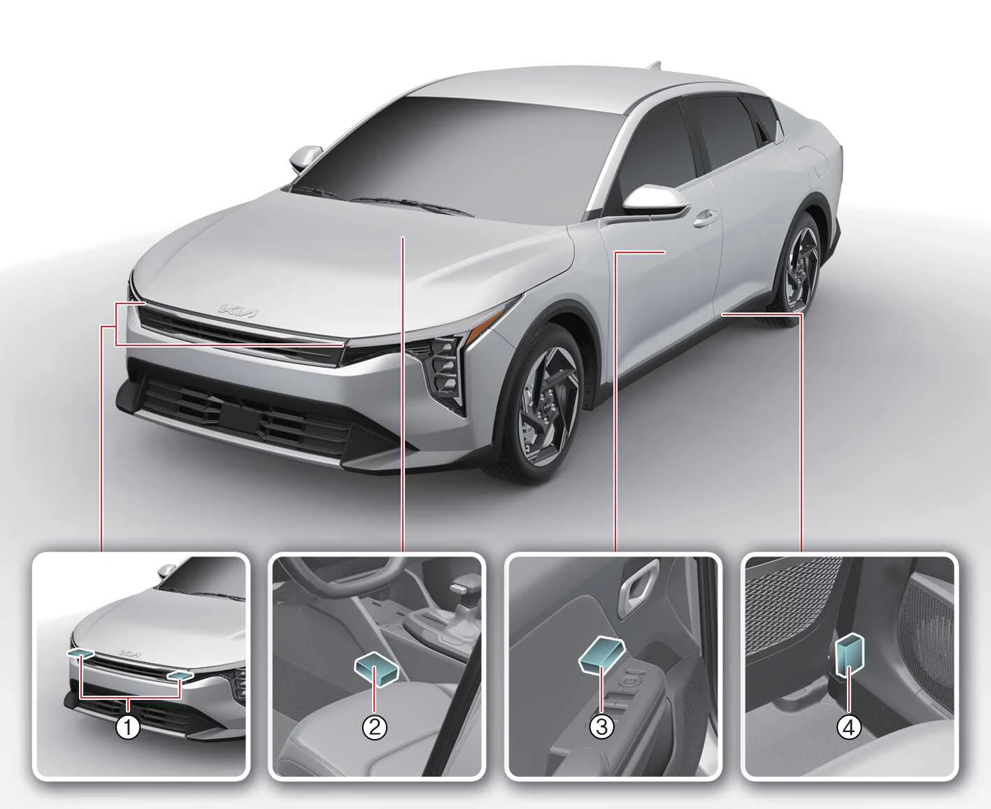 Layout diagram showing the primary locations of the SRS air bag collision sensors throughout the Kia K4 chassis