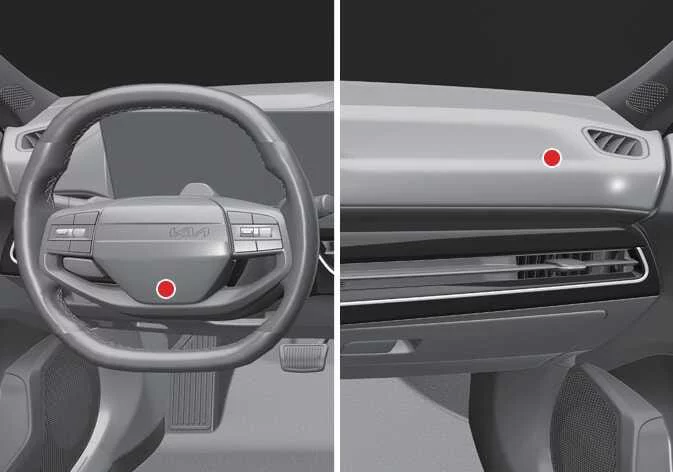 Interior view showing the location of the driver's steering wheel airbag and passenger dashboard airbag in the Kia K4
