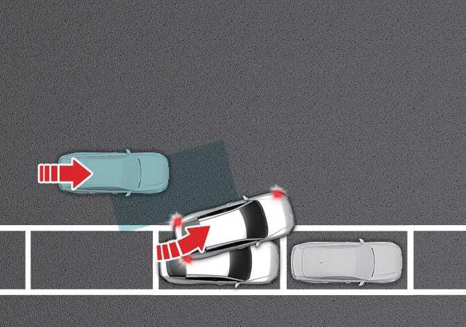 Kia K4 display showing collision risk warning when pulling out of a parking space