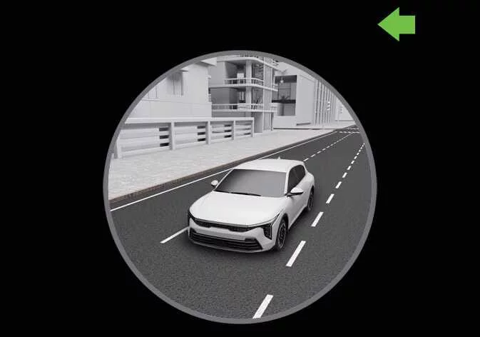 Kia K4 instrument cluster displaying left-side blind spot camera feed