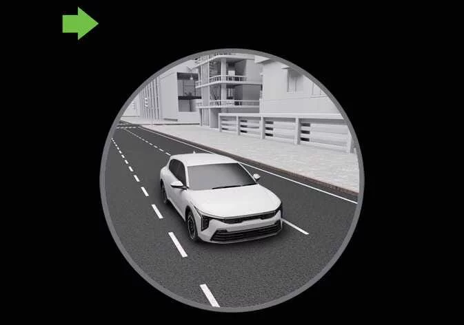 Kia K4 instrument cluster displaying right-side blind spot camera feed