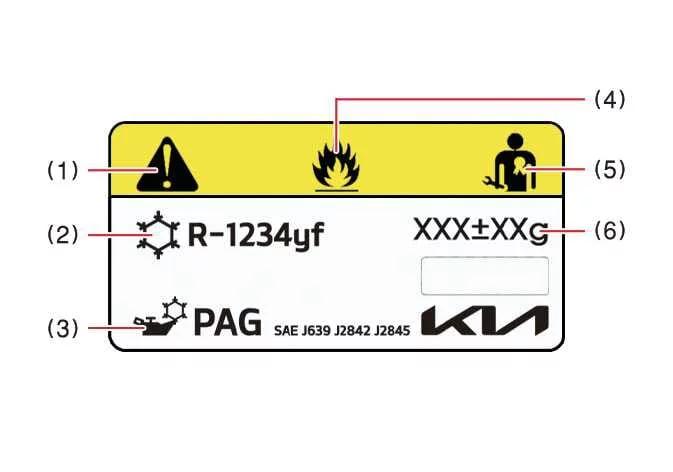 Official A/C system refrigerant label located in the Kia K4 engine bay