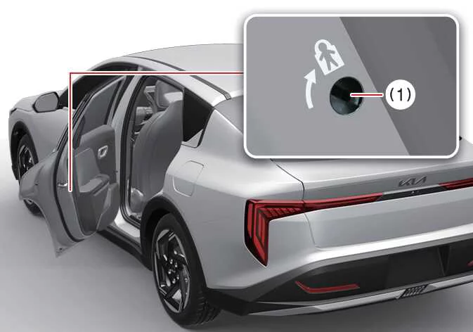Kia K4 inner rear door edge detail illustrating the mechanical child safety lock cylinder slot being turned to the active lock position number 1 using a physical emergency key blade