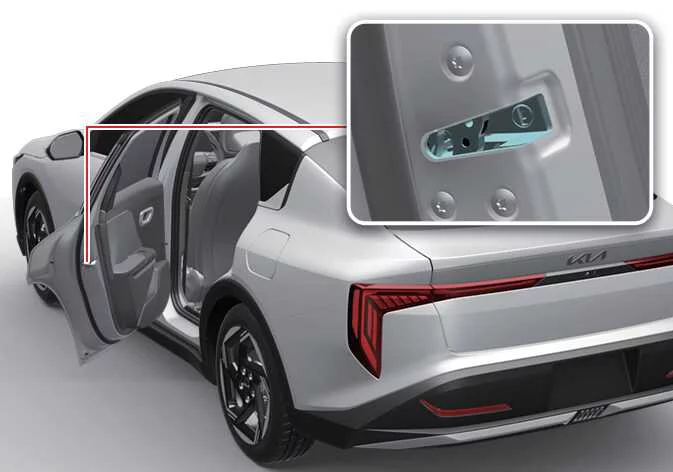 Kia K4 emergency door edge locking procedure showing a tool adjusting the hidden manual rotary mechanism inside the latch panel to lock the passenger door without electrical power