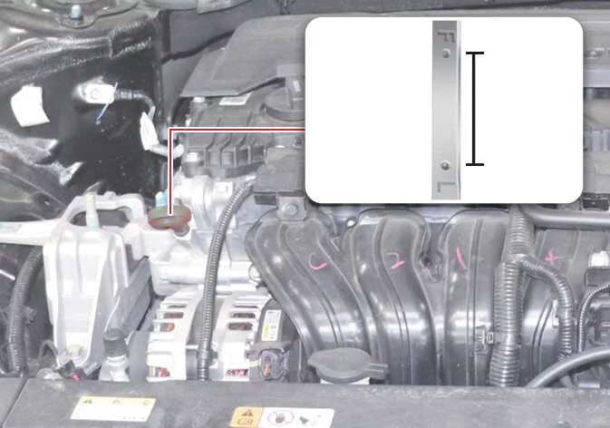 Diagram showing the oil dipstick location on the Kia K4 Smartstream G2.0 engine