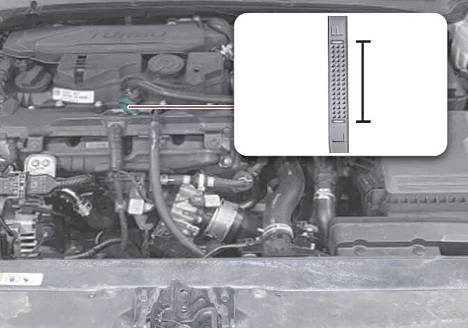 Diagram showing the oil dipstick location on the Kia K4 Smartstream G1.6 T-GDi engine