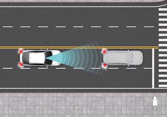 Visualization of the Kia K4 Forward Collision-Avoidance Assist system detecting a vehicle ahead