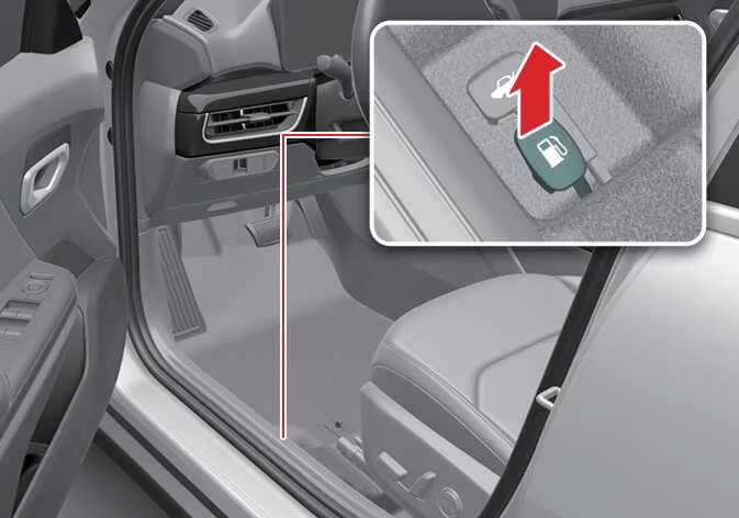 Mechanism for the fuel filler door release located on the driver door panel of a Kia K4