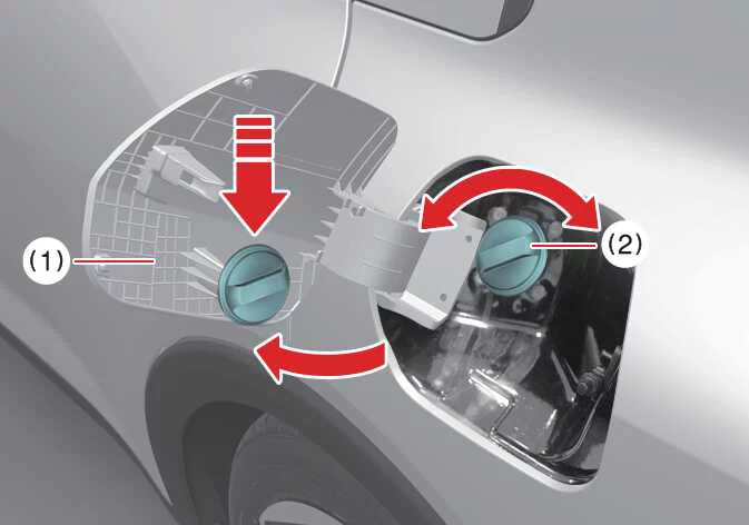 Opening the exterior fuel filler door to access the gas cap on a Kia K4