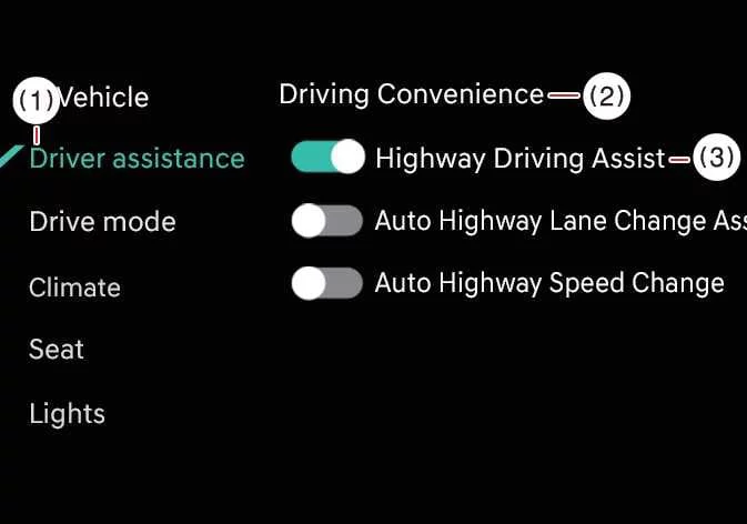 Kia K4 infotainment touchscreen menu for driving convenience settings