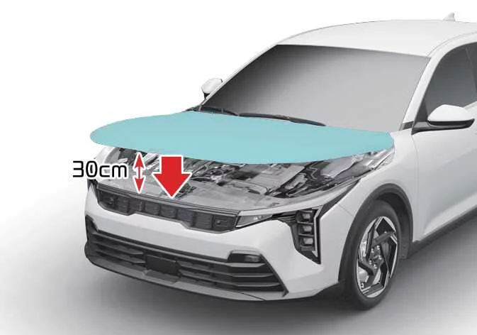 Correct hand positioning and drop height alignment reference for safely closing and locking down the front hood panel of a Kia K4