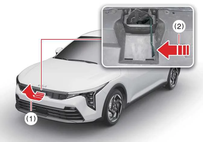 Front view of a Kia K4 showing the hand placement and direction required to actuate the secondary auxiliary hood release lever mechanism under the front grille lip