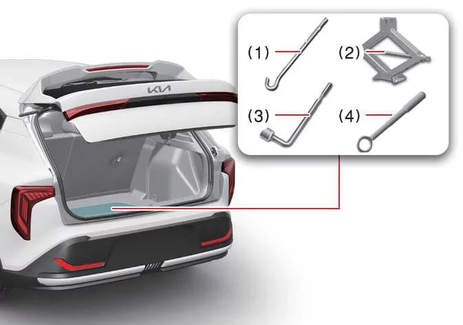Location of the emergency jack and tools in the Kia K4 5-door hatchback model
