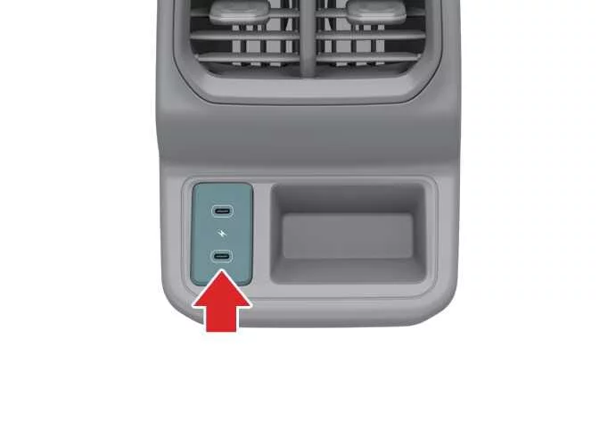 Rear center console USB charging port in the Kia K4