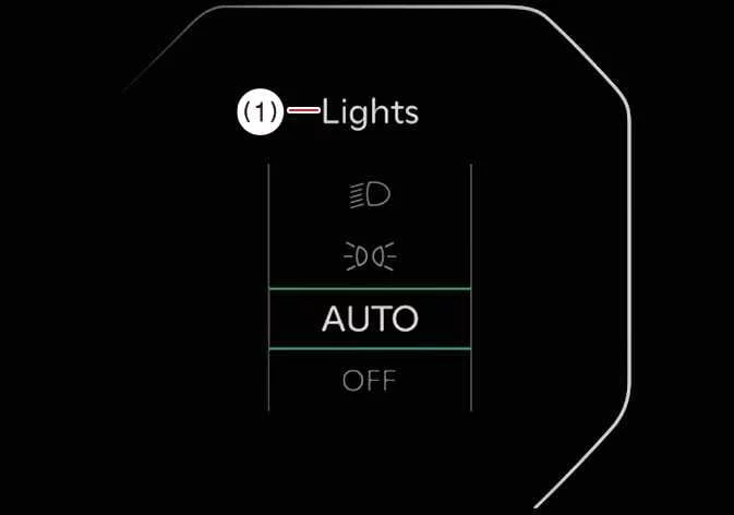 Kia K4 LCD display showing the currently selected exterior lighting mode