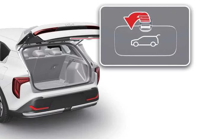 Location of the emergency mechanical liftgate safety override release trim cover inside the rear luggage compartment of a Kia K4