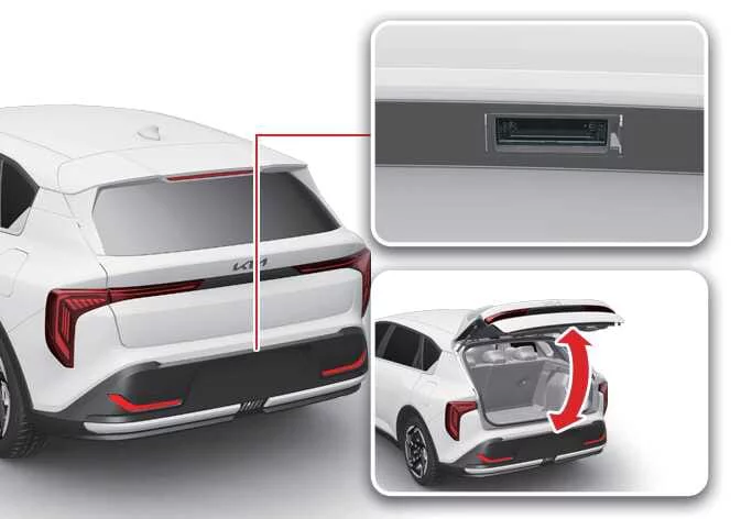 Location of the exterior electronic liftgate release handle switch integrated beneath the rear license plate trim area of a Kia K4 5-door hatchback model