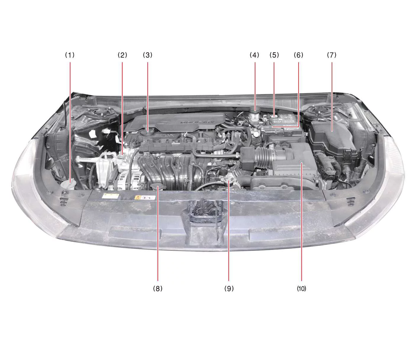 Top-down view of the Smartstream G2.0 engine bay in the Kia K4 highlighting main maintenance components