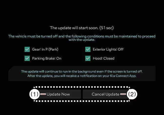 Kia K4 screen displaying the software update preparation confirmation dialog