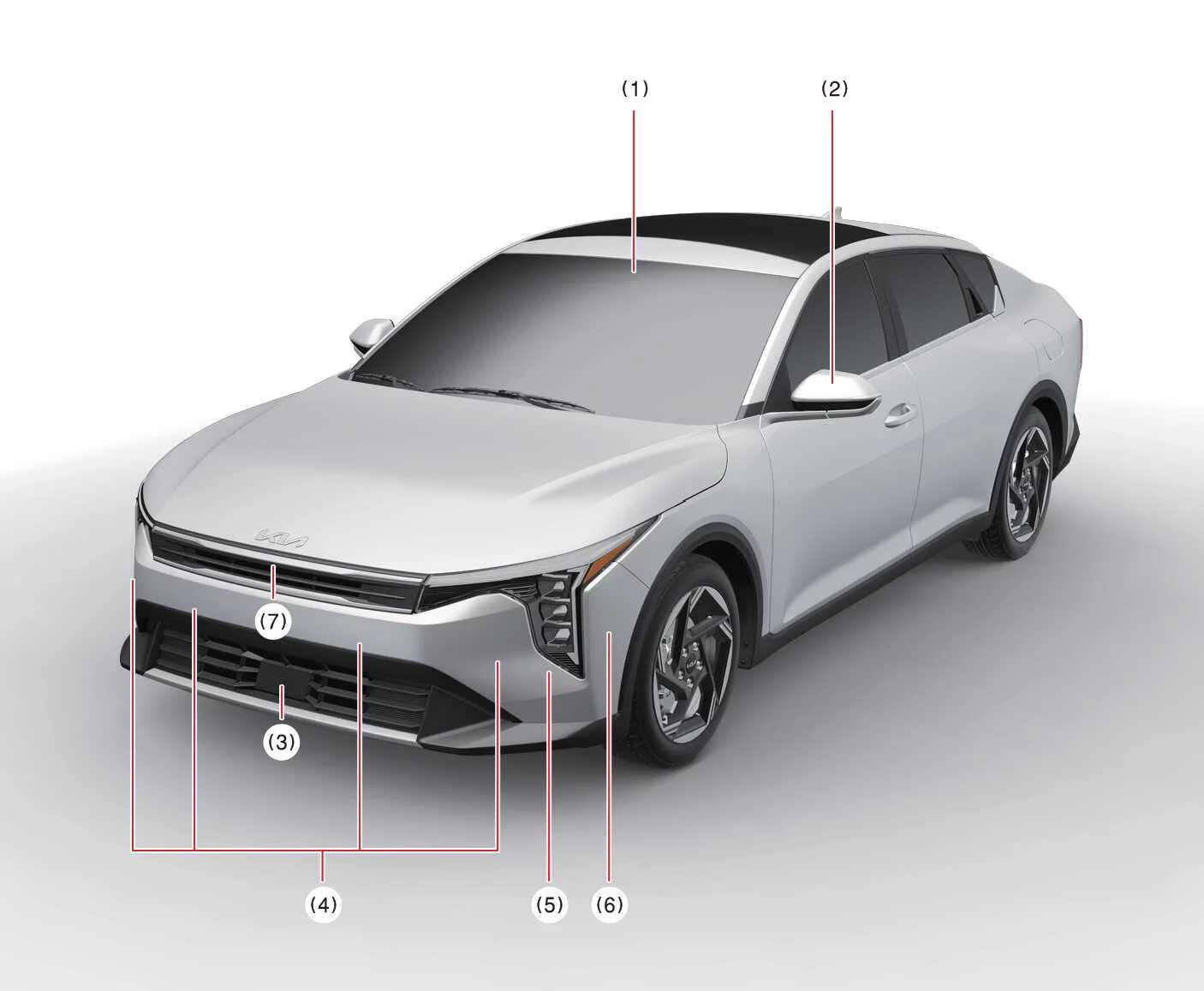 Front view diagram of the Kia K4 4-door model showing key sensor locations