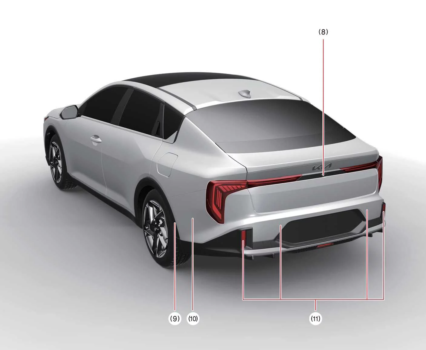 Rear view diagram of the Kia K4 GT-Line 4-door model showcasing rear safety sensors