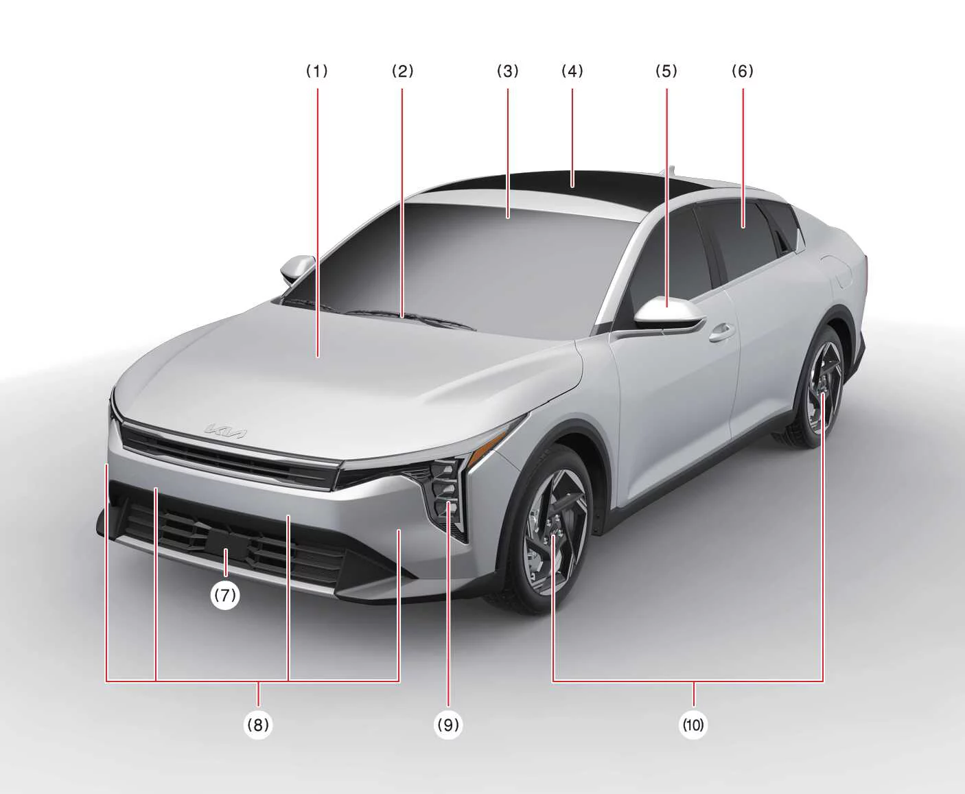 Front view of the standard Kia K4 four-door sedan showing the hood, headlamps, and front grille architecture