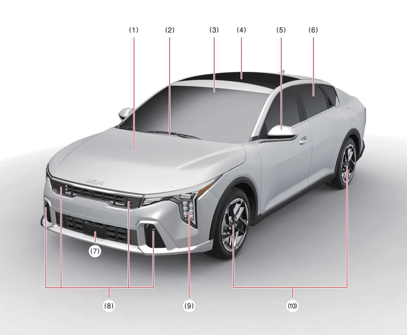 Front view of the sporty Kia K4 GT-Line four-door sedan highlighting aggressive bumper styling, radar sensors, and signature LED headlamps