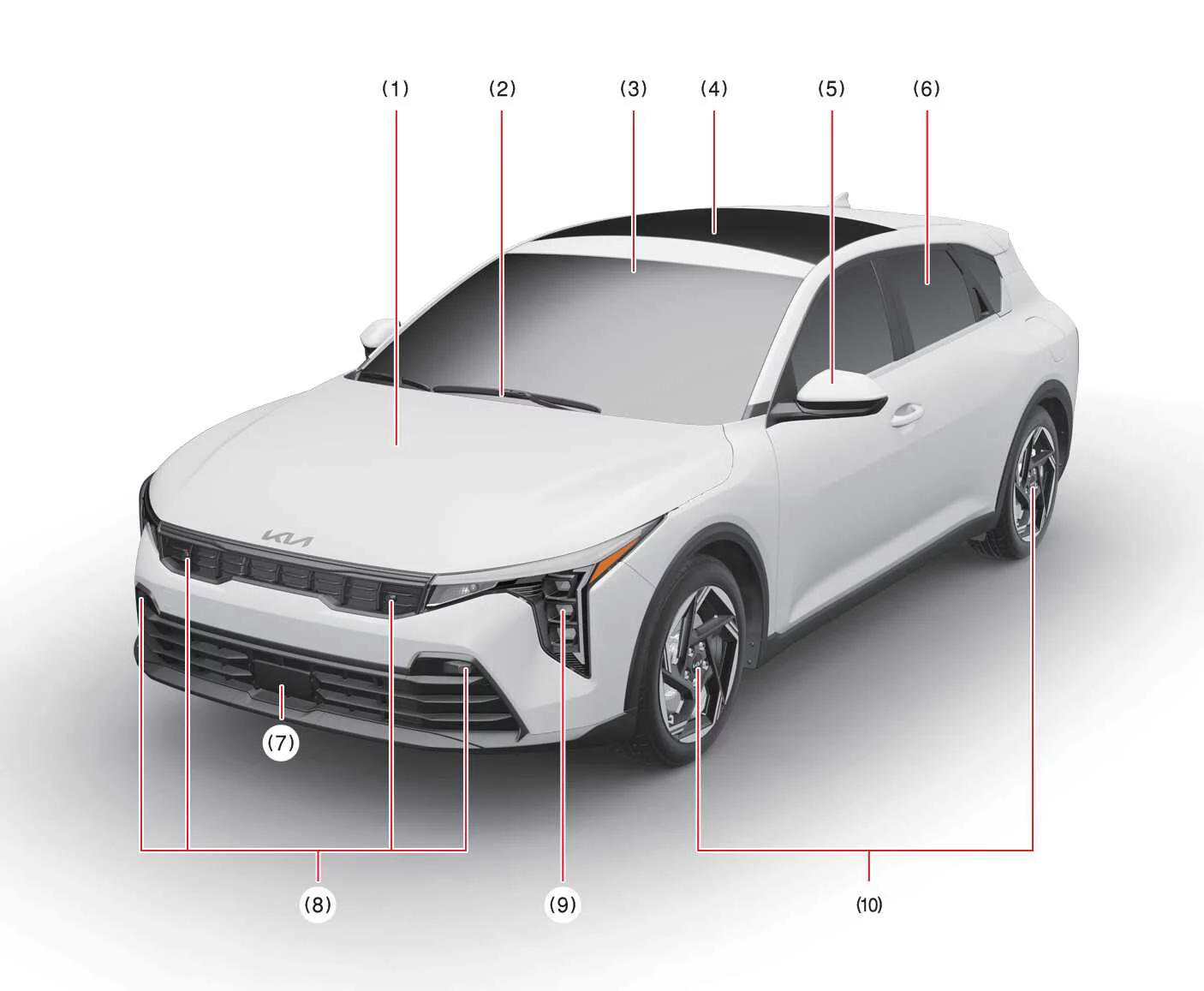 Front angle view of the Kia K4 five-door hatchback variant displaying the front windshield and sleek roofline