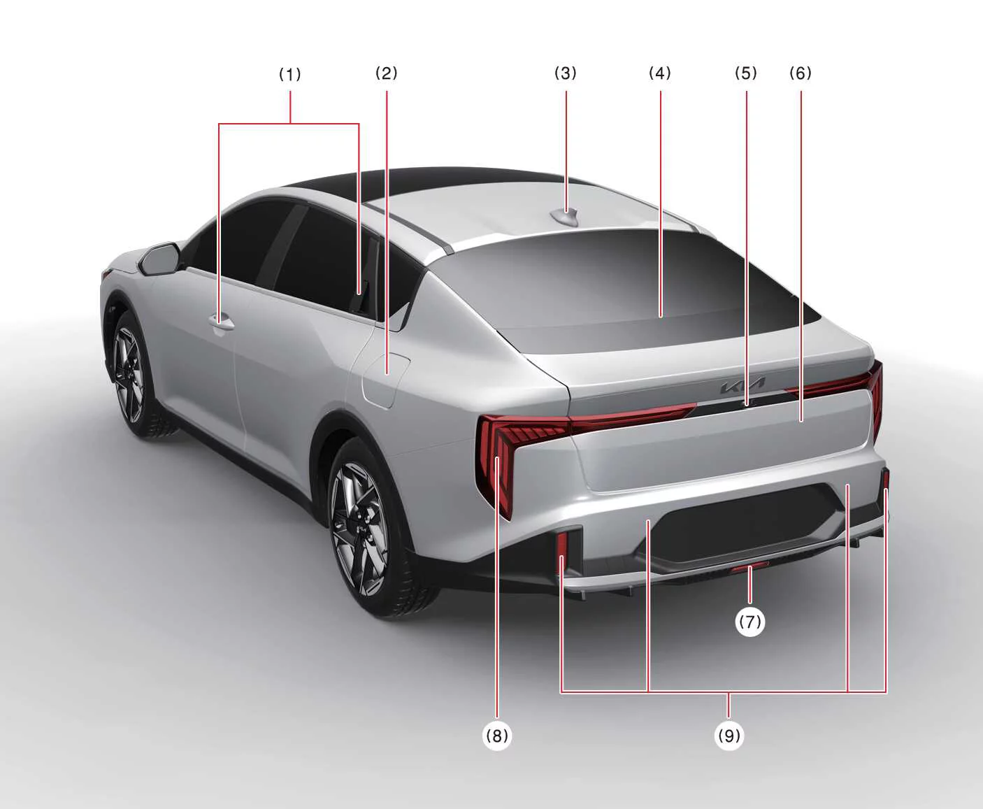 Rear view of the Kia K4 GT-Line four-door sedan featuring dual exhaust-style accents, rear combination lamps, and sport bumper trim