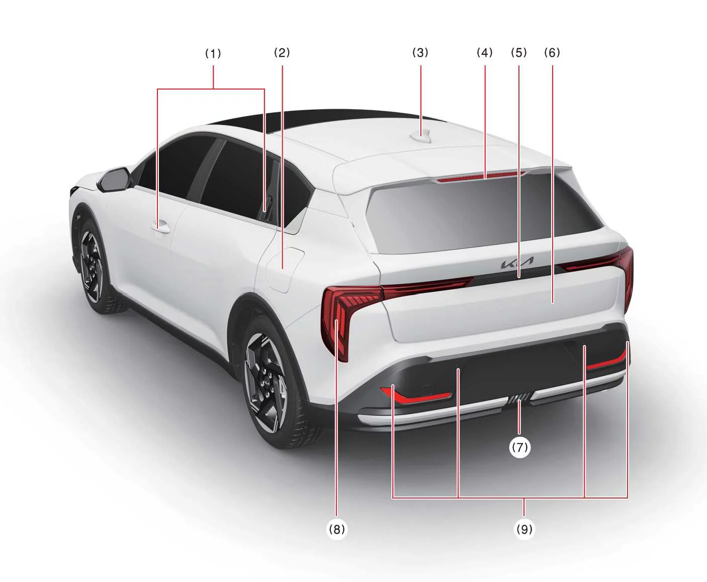 Rear design of the Kia K4 five-door hatchback showing the functional liftgate configuration and shark-fin antenna