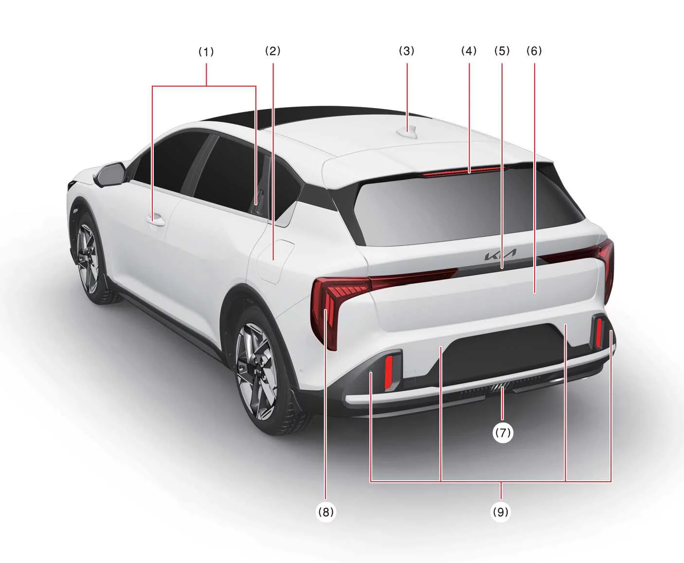 Rear view of the performance-inspired Kia K4 GT-Line five-door hatchback variant with ultrasonic safety sensors and distinct spoiler