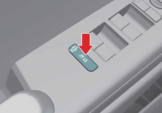 Location of the rectangular mechanical power window lock isolation button on the driver-side master door control switch panel of a Kia K4