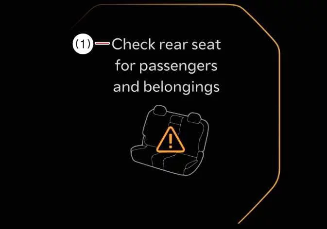 Kia K4 instrument cluster display warning screen showing the primary Rear Occupant Alert reminder to check the rear seats for occupants and personal belongings