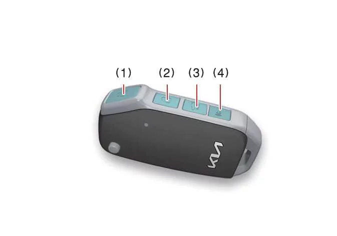 Diagram of the Kia K4 remote keyless entry key fob highlighting the structural button layout including lock, unlock, trunk release, and panic alarm switches