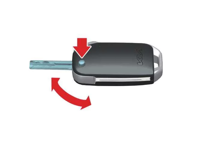 Step-by-step instruction diagram showing how to press the mechanical key release button on the Kia K4 flip-style remote key fob to automatically unfold the integrated metal key blade