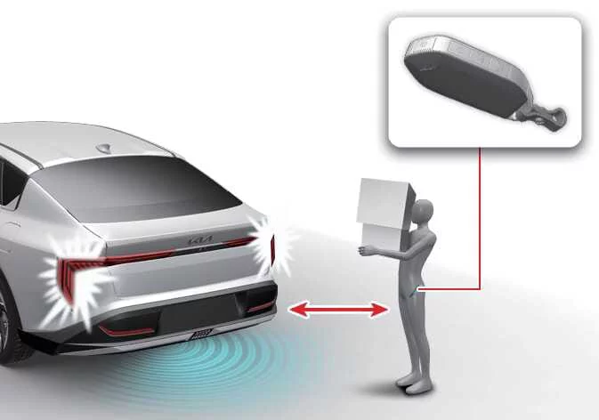 A driver carrying a smart key fob standing inside the designated rear detection area behind a Kia K4 to trigger the automated trunk release