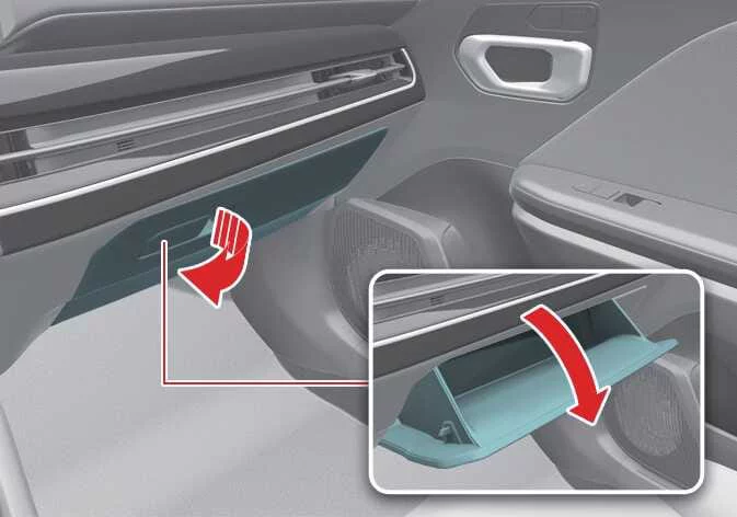 Glove box storage compartment opening mechanism in the Kia K4