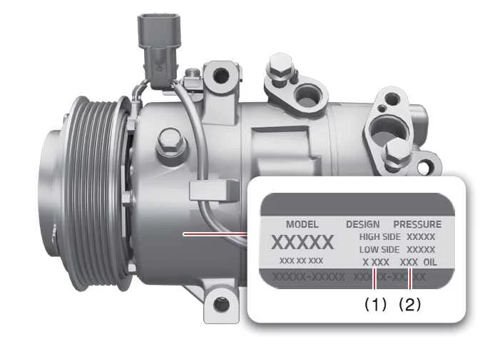 Technical specifications decal fixed directly to the air conditioner climate control compressor body inside the engine bay of a Kia K4