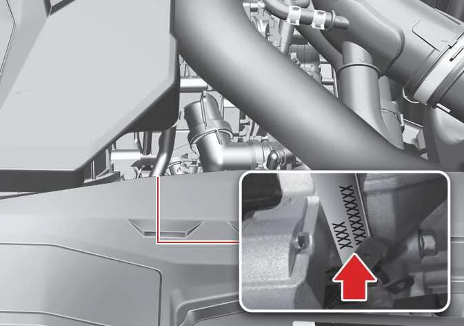 Stamping location diagram for the engine serial number code on the cylinder block of the Kia K4 Smartstream 1.6-liter Turbocharged Gasoline Direct Injection variant